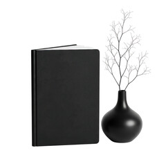 Black book and vase with branches isolated on white background