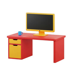 Colorful computer desk with yellow monitor isolated on white background