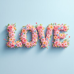 Word LOVE   made of  spring colorful flowers on pastel blue background.