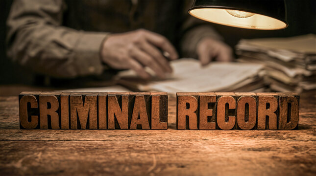 Wooden blocks spelling out criminal record on a rustic table with a blurred figure writing in a notebook, creating a dramatic atmosphere of legal documentation and justice