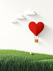 A red, heart-shaped hot air balloon with a small white bird flying nearby floats against a soft white background