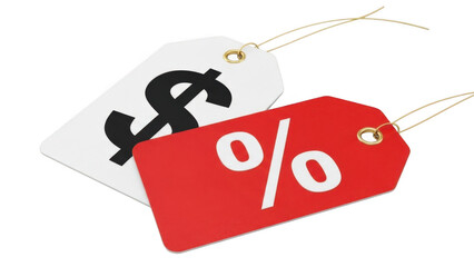 Discount tags with dollar and percentage symbols isolated on transparent background