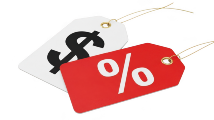 Discount tags with dollar and percentage symbols isolated on transparent background