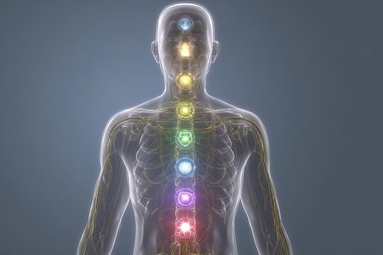 semi-transparent human body showing anatomy and chakra points, spine and nervous system visible