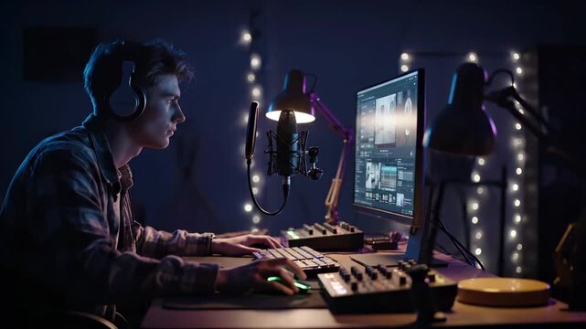 Producer creates music in studio using midi controller and computer. Man produces beats with midi keyboard. Producer works in recording studio. Music production with midi controller at night.