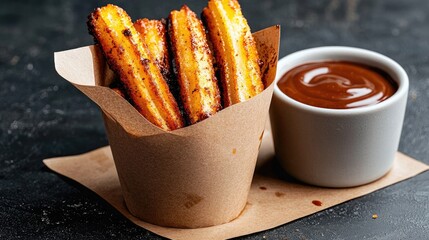 Golden crispy churros served with rich chocolate sauce.