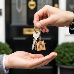 Handing over house keys with a wooden house keychain in front of a dark door