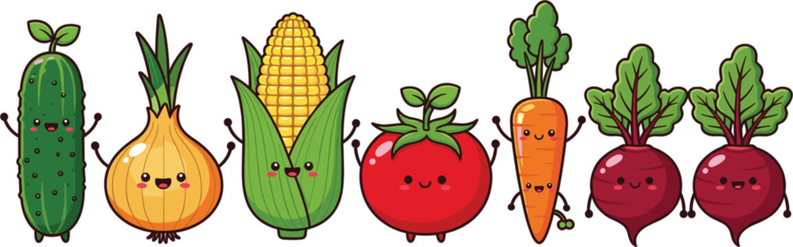 Cute kawaii vegetable character set featuring happy cartoon cucumber, onion, corn, tomato, carrot, and beetroot for healthy food design.