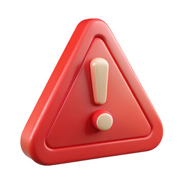 3d red triangular warning sign with exclamation mark and button isolated on a transparent background