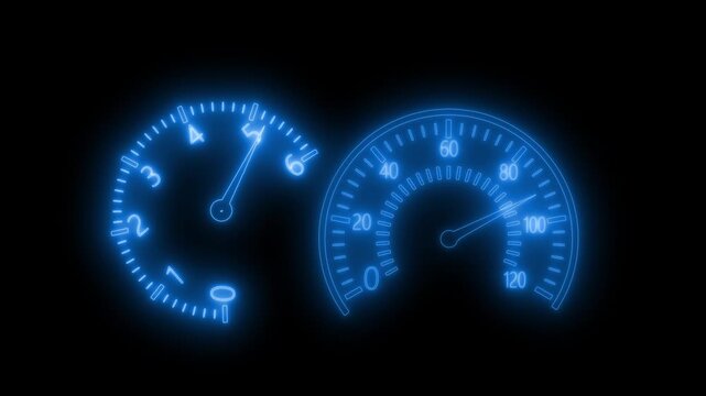 Neon Speedometer and Tachometer Animation on Black Background