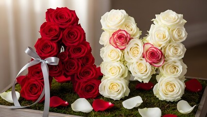 Beautifully crafted monogram arrangement featuring a striking red letter a and a white letter m with subtle pink accents representing romantic gestures