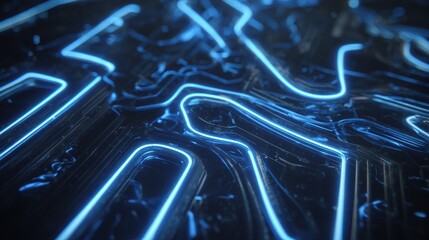 futuristic glowing blue lines on a digital circuit board display a pulsating energy symbolizing advanced technology and intricate network communication in a contemporary setting