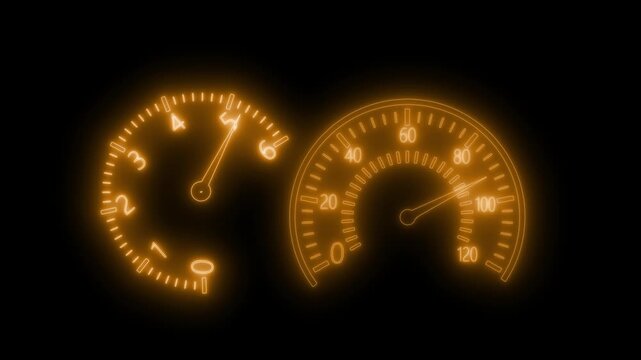 Neon Speedometer and Tachometer Animation on Black Background