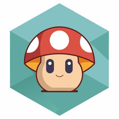 Naklejka premium Title: A cartoon character with a red mushroom cap and a smiling face on a turquoise geometric