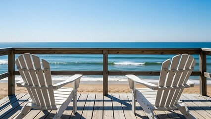 Two white adirondack chairs face ocean view from wooden deck overlooking beach