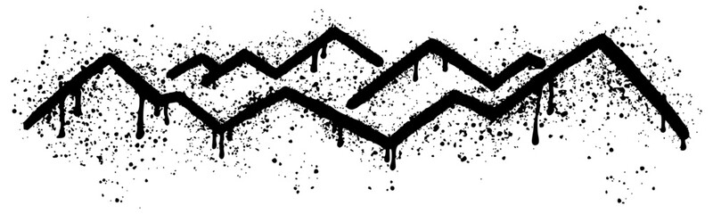 A horizontal hand-drawn graffiti-style drawing depicting mountains and rocks