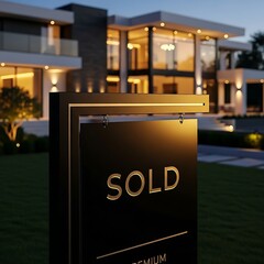 Premium black and gold sold real estate sign in front of contemporary luxury mansion at evening dusk