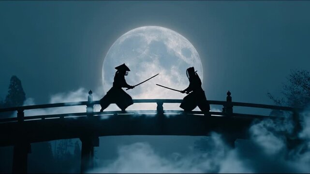 A nighttime scene of two figures engaged in a sword fight on a bridge with a large moon behind them