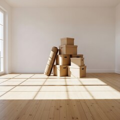 Empty room with stack of moving boxes and rolled up rug leaning against white wall