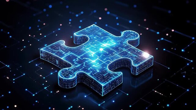 Glowing digital puzzle piece with blue circuit patterns symbolizing futuristic technology connection and innovation in abstract electronic design