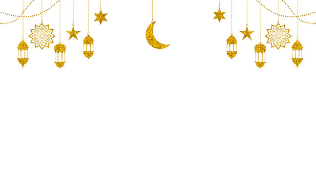 Luxury Golden Ramadan Kareem Islamic background with hanging ornaments and lantern. 