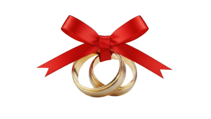 Golden wedding rings with red bow tie isolated on transparent background