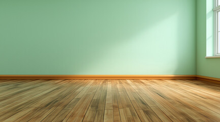 3d rendering of an empty room with a light green wall and wooden floor background