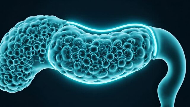 Abstract illustration of glowing biological cell structure on a dark background