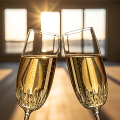 Pair of elegant crystal champagne flutes toasting against bright window backdrop during golden hour sunset