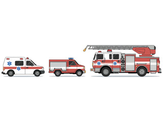 An illustration of emergency vehicles including an ambulance, fire truck, and rescue truck.