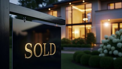 Golden sold text glowing at night on dark real estate sign near modern mansion