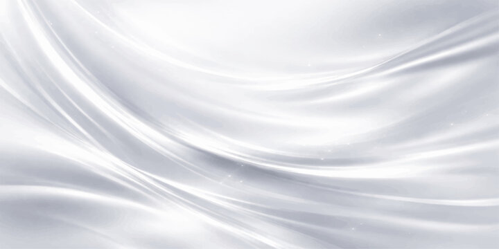 A soft white silk and satin fabric background featuring smooth flowing waves and a light blue motion curve design creates an elegant textile wallpaper texture with a liquid material pattern