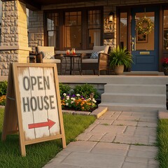 Open house sign on wooden A frame board guiding towards inviting front porch steps