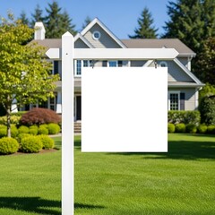 White real estate sign with blank board placed on green lawn before house