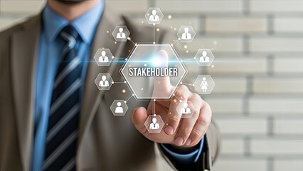 Businessman interacting with stakeholder network diagram in modern office