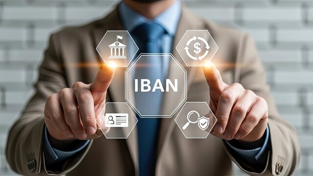 Businessman interacting with IBAN payment icons on digital interface
