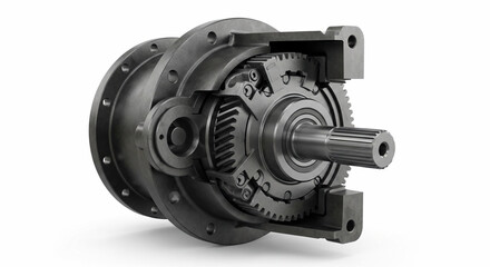 Industrial Motor Gearbox Drive Unit Cutaway 3D Render Isolated on White Background
