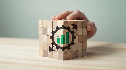 Business Growth & Process Optimization: Hand on Wooden Blocks with Gear & Chart Icon