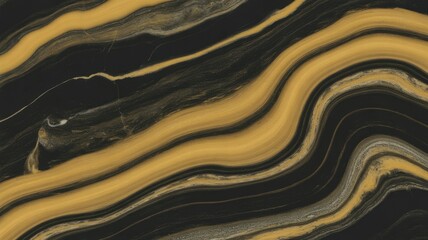 A close-up view of a black and gold marble surface with wavy patterns