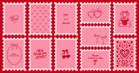 Valentine&rsquo;s Day Stamp and Sticker Set in Style Featuring Cupid, Cake, Cherry, Bow, and Romantic &ndash; Vector Illustration Pack