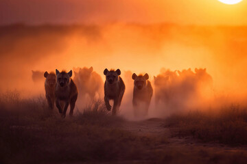 Group of hyenas at night in the savannah national geographic-style , with dust flying around and a sunset in the background
