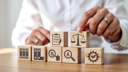 Business Compliance & Legal Framework: Hand Arranges Wooden Blocks with Key Icons
