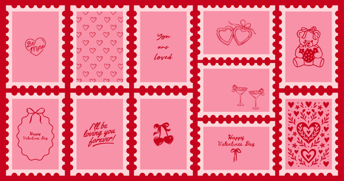 Valentine&rsquo;s Day Stamp and Sticker Set in Style Featuring Cupid, Cake, Cherry, Bow, and Romantic &ndash; Vector Illustration Pack