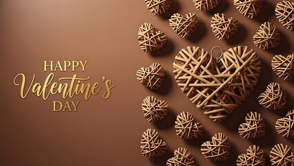 Happy valentine's day greeting card design featuring woven rustic hearts on brown background