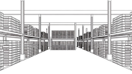 Large industrial warehouse with multiple levels of shelving stacked with boxes and pallets in a symmetrical layout with storage and logistics