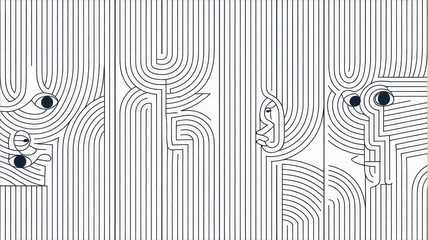 A black and white abstract illustration of multiple faces in a geometric pattern