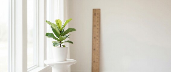 Potted fiddle leaf fig plant by window with copy space