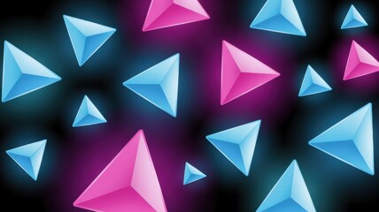 A vibrant digital illustration of glowing blue and pink pyramids on a dark background