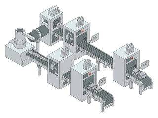 Obraz premium An isometric illustration of a complex industrial manufacturing system with multiple conveyor belts and machinery