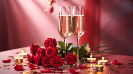 A romantic celebration featuring two champagne glasses vibrant red roses and glowing candlelight creates a warm atmosphere